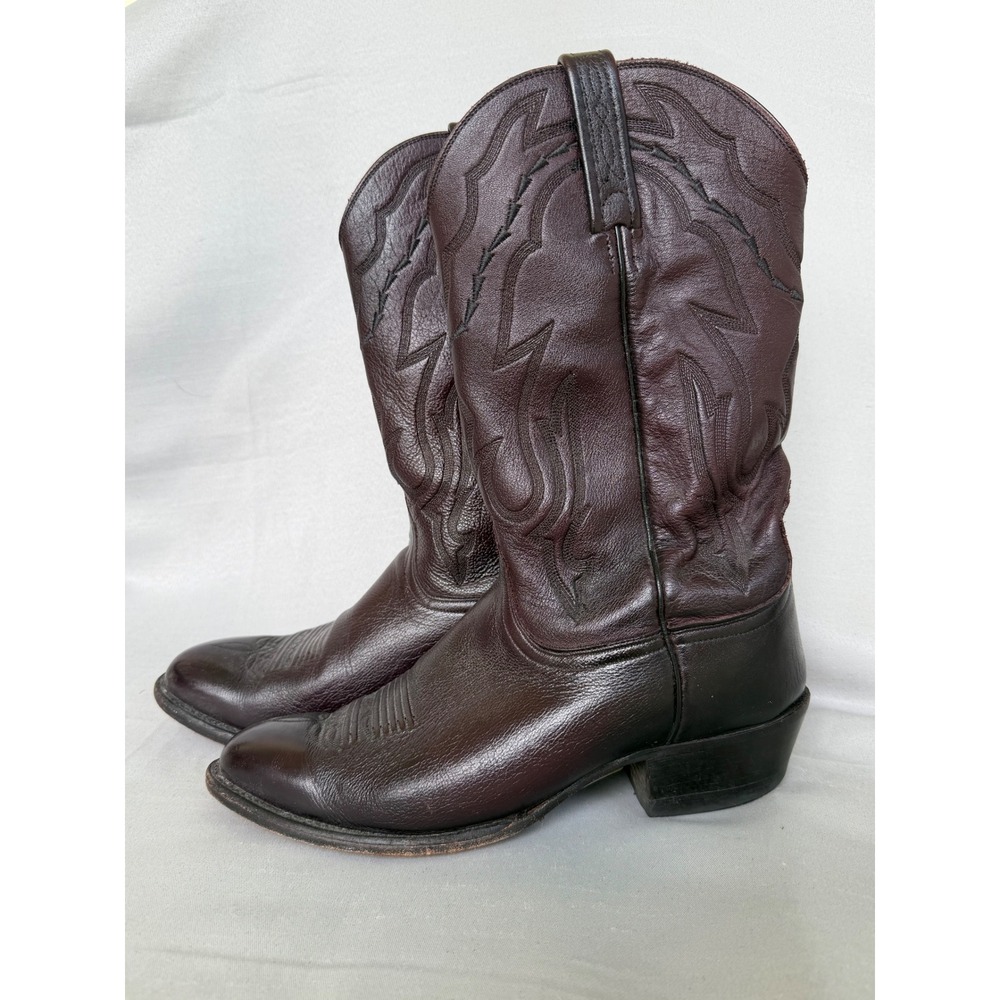 VTG Lucchese 2000 Mens Western Cowboy Boots Dark Cherry Calfskin Leather 10 2E